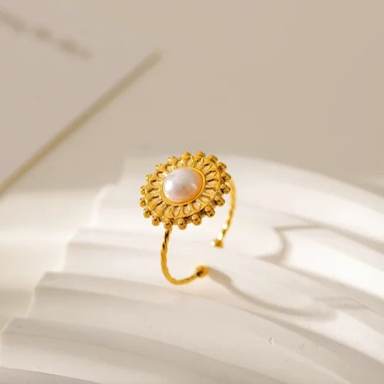 Beach Round Starfish 304 Stainless Steel Pearl 18K Gold Plated Plating Inlay Open Rings