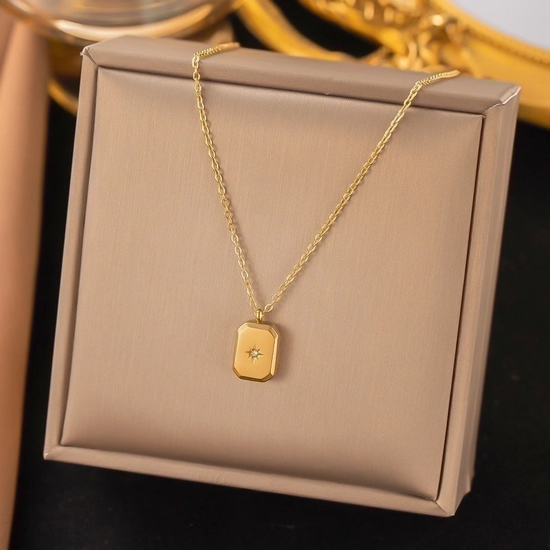 304 Stainless Steel 18K Gold Plated Elegant Plating Inlay Water Droplets Rectangle Artificial Rhinestones Pendant Necklace