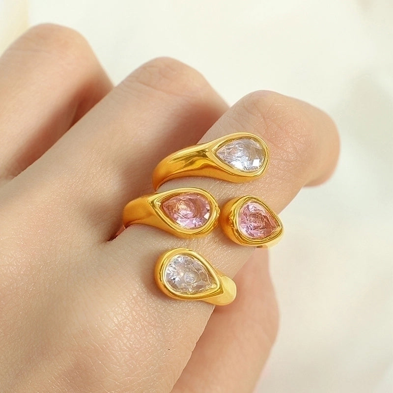 Elegant Vintage Style Luxurious Water Droplets Titanium Steel Zircon 18K Gold Plated Plating Metal Inlay Open Rings