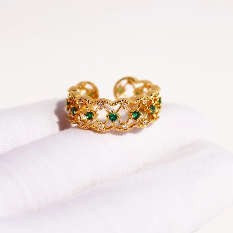 Brass 24K Gold Plated Hollow Out Inlay Geometric Solid Color Zircon Open Rings