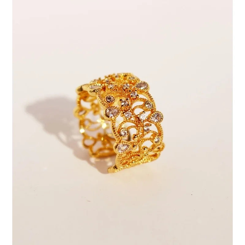 Brass 24K Gold Plated Inlay Geometric Zircon Open Rings