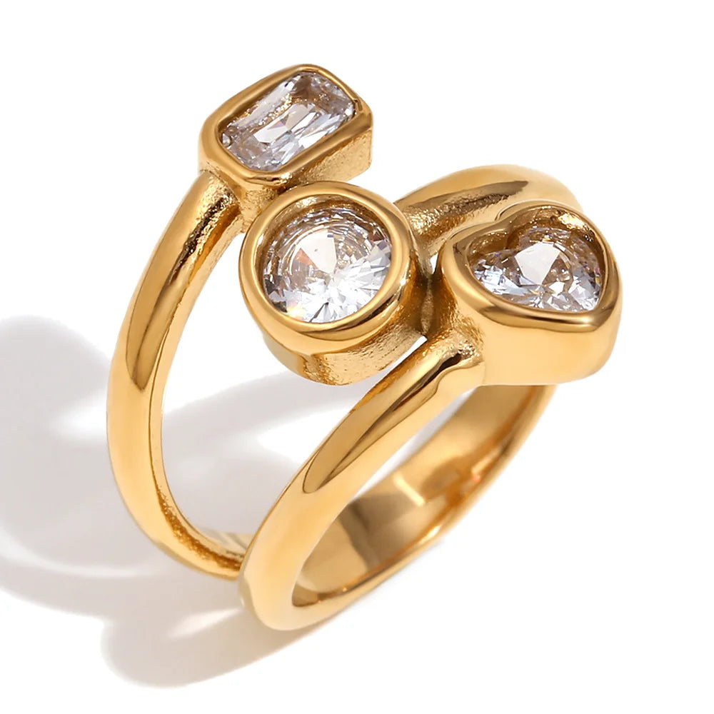 Fashionable Unique Design Hand Jewelry Stainless Steel 18k Gold Plated Multi-layer Geometric Zircon Ring For Women