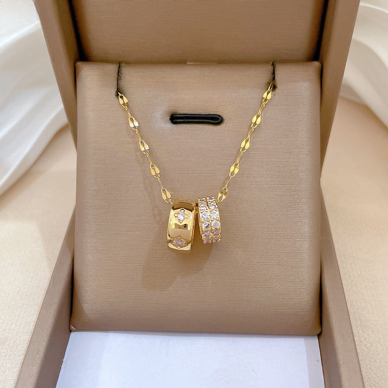 Titanium Steel Double Ring Slim Waist Full Diamond Fashion Gorgeous Full Diamond Necklace For Women Versatile Collarbone Chain
