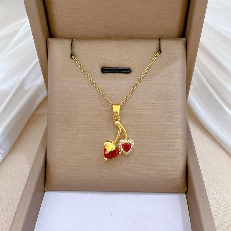 Titanium Steel Heart Cherry Full Diamond Fashion Gorgeous Full Diamond Necklace For Women Versatile Collarbone Chain Titanium Steel
