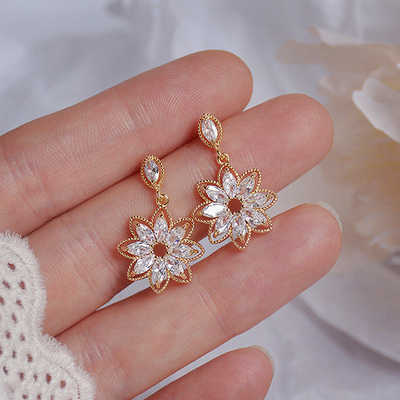 Korean Copper Zircon Crystal Flower Earrings Female