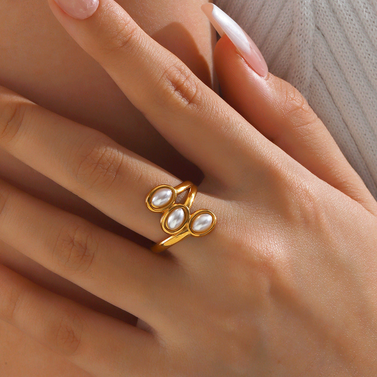 Vintage Style Geometric 304 Stainless Steel Artificial Pearls 18K Gold Plated Inlay Open Rings