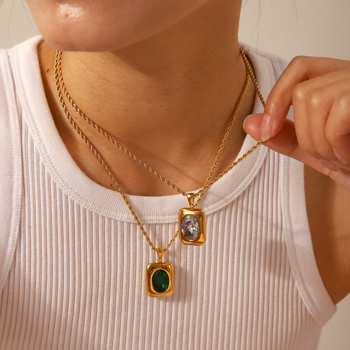 Ig Style Square Chain Geometric Stainless Steel Gem Inlay Necklaces