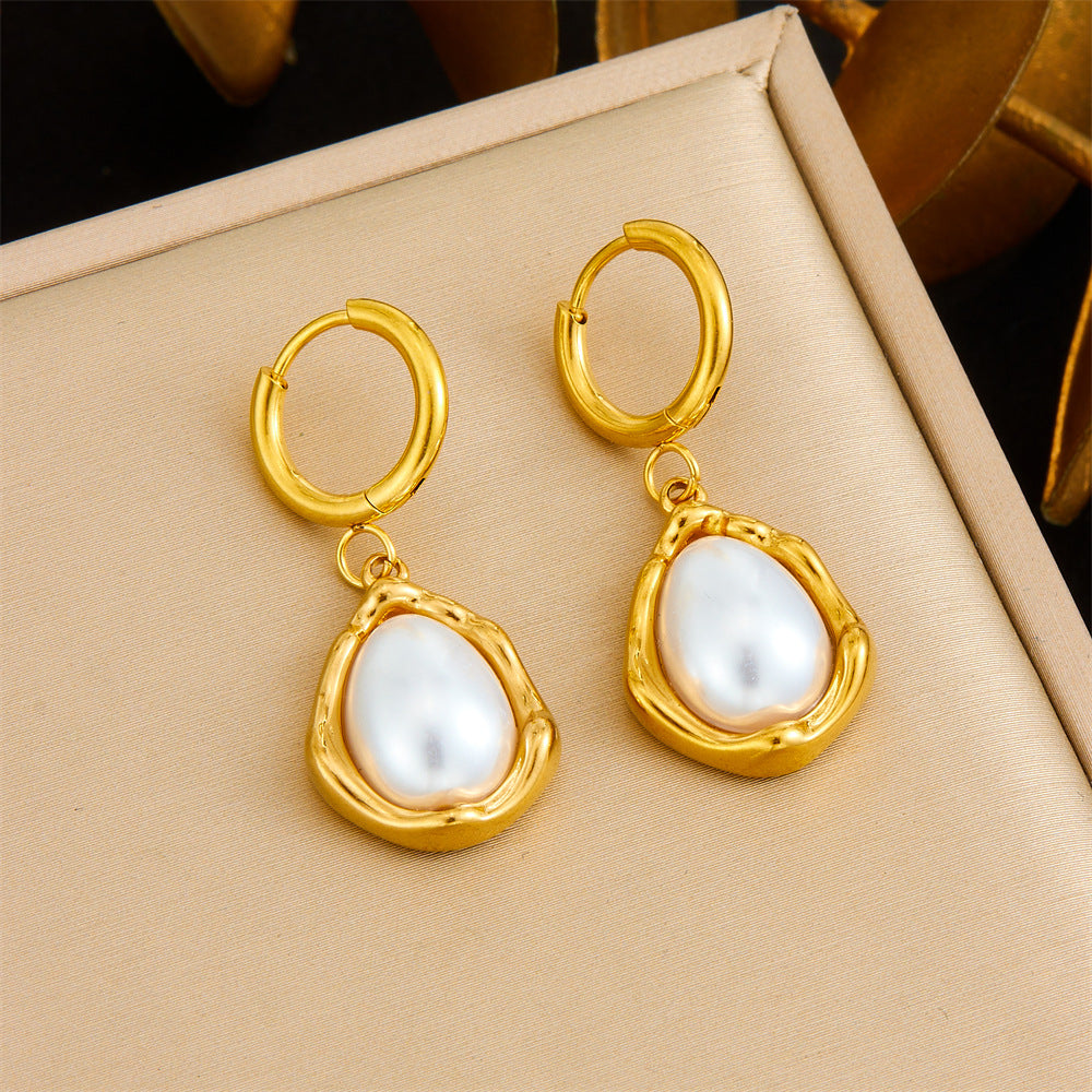 Fashion Retro French Style Gold-plated Stainless Steel Large Pearl Water Drop Pendant Earrings