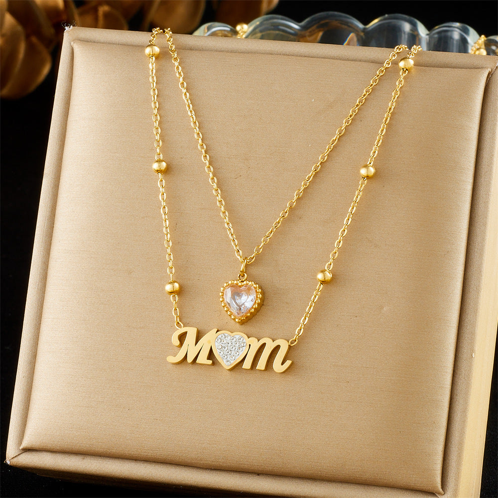 Fashion Simple Inlaid Diamond Letter Mom Heart Accessories Chain Layered Stainless Steel Collarbone Necklace