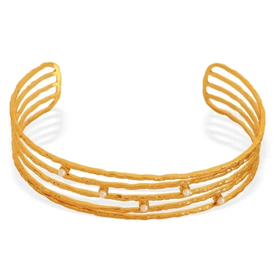 Elegant French Style Ig Style Round 304 Stainless Steel 18K Gold Plated Artificial Pearls Bangle In Bulk