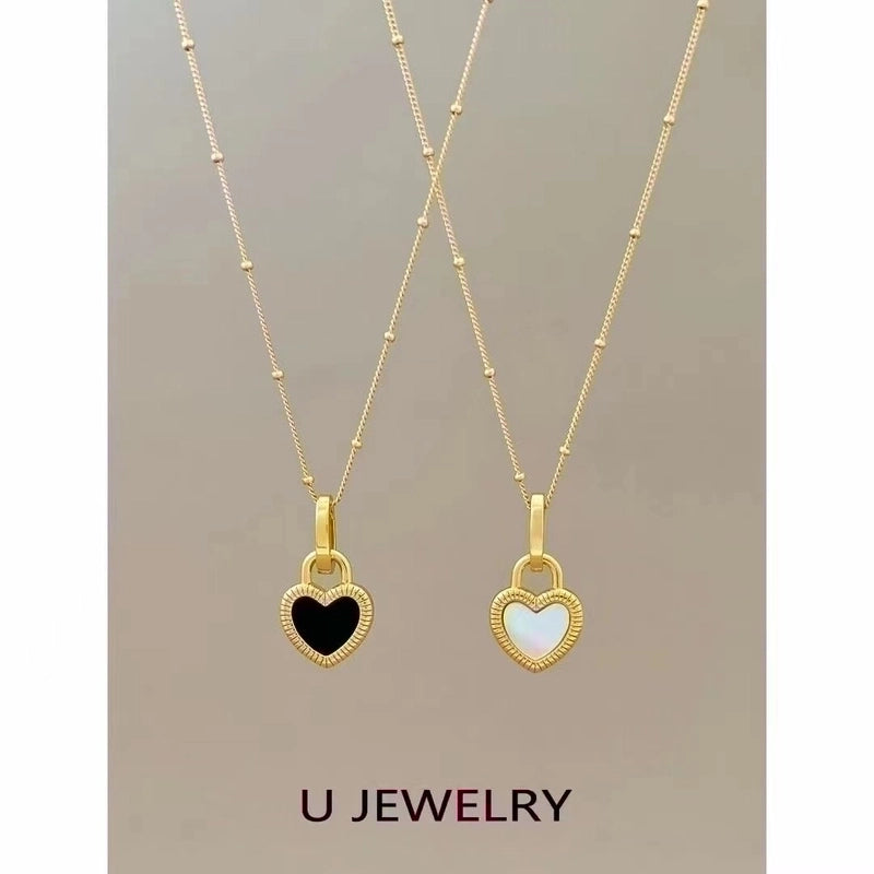 Elegant Double Sided Heart Shape Titanium Steel Inlay Shell Pendant Necklace