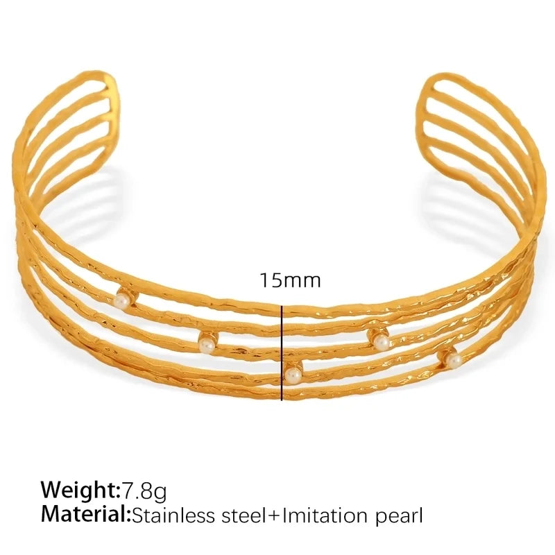 Elegant French Style Ig Style Round 304 Stainless Steel 18K Gold Plated Artificial Pearls Bangle In Bulk