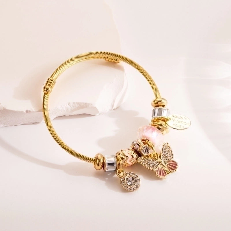 Elegant Sweet Pink Butterfly 304 Stainless Steel Alloy Gold Plated Rhinestones Bangle