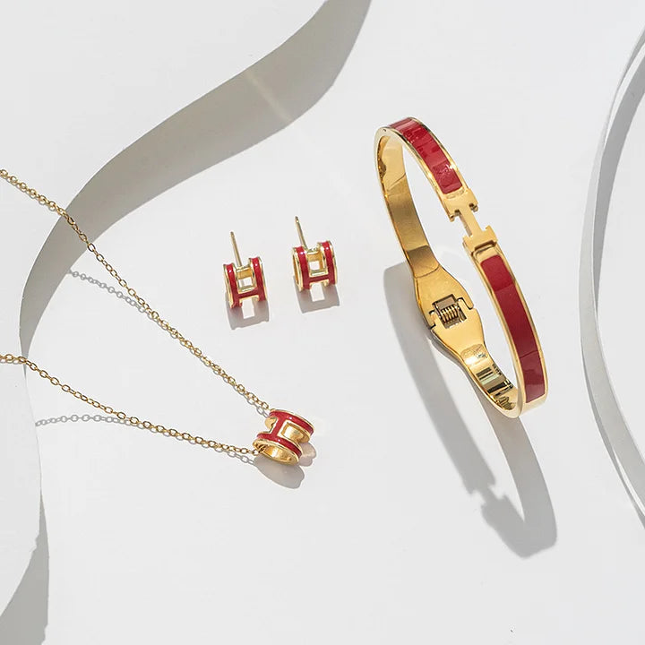 Steel 18K Gold Red Plated H-Style Bracelet with Earrings And Necklace Three-piece Set